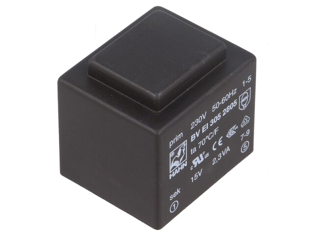 Transformator: ingegoten; 2,3VA; 230VAC; 15V; 153mA; PCB; BVEI Transformator: ingegoten; 2,3VA; 230VAC; 15V; 153mA; PCB; BVEI
